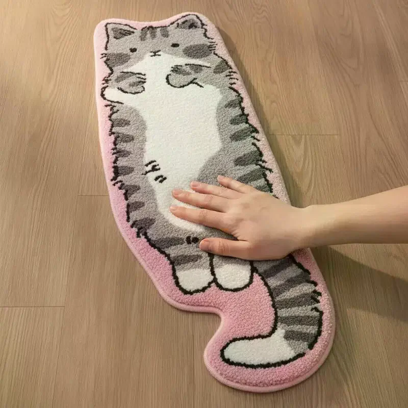 1 Pc Cartoon Cat Fish Shape Soft Plush Non Slip Absorbent Rug Floor Mat for Bedroom Bedside Living Room Decor & Kids Play Area
