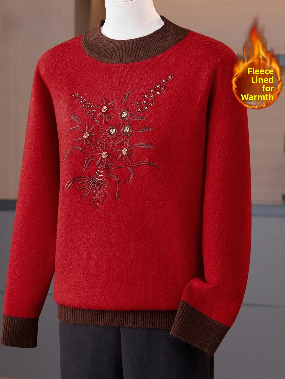 

Thiened Fce осенне-зимний вязаный свитер женский круглый Ne вышитый цветок теплая основа irt Mom's Faion верхняя одежда