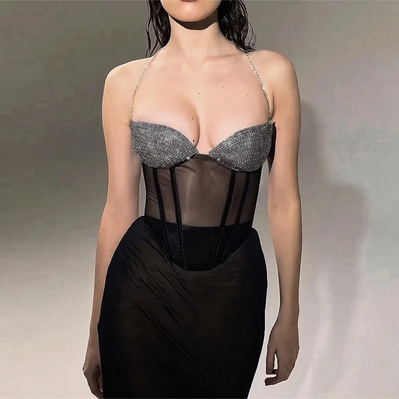 2024 Summer New Spicy Girl Style Sexy Slim Fit Sparkling Chest Cup Mesh Panel Hanging Neck Tank Top for Women clothes  CSM66