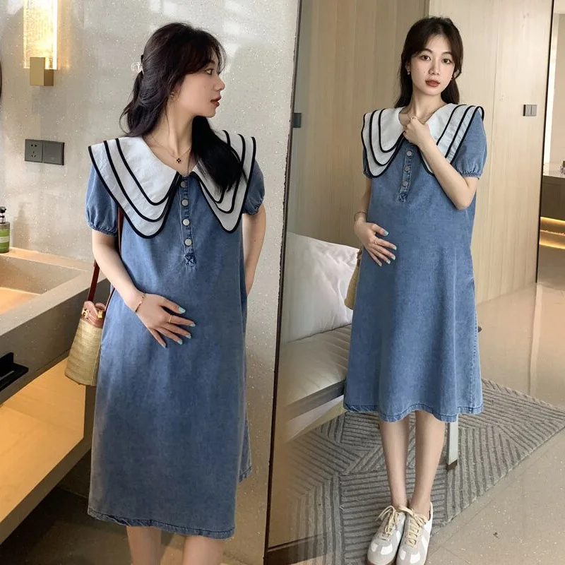 

Ruffles Peter Pan Collar Loose Maternity Denim Dress Summer Short Sleeve Blue Pregnant Woman A-Line Dress