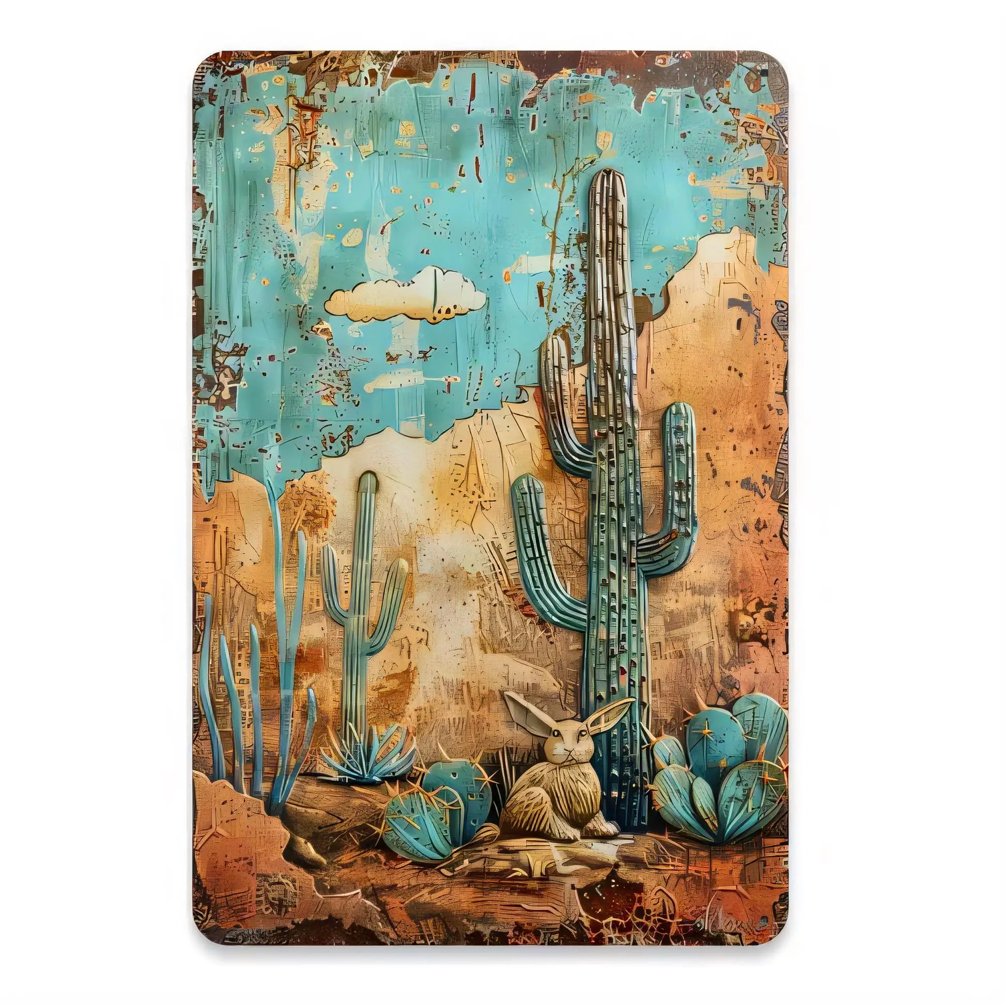 Tin Sign Cactus Desert Rabbit Vintage Metal Wall Art for Home Decor Southwestern Country Style Rusty Texture Retro Plaque   Indo