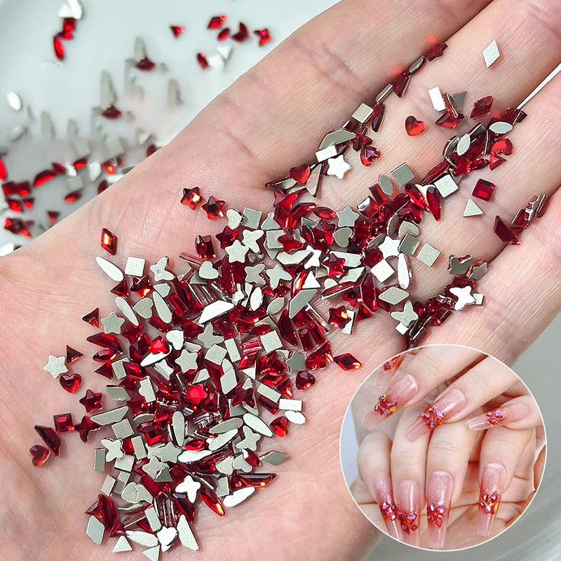 50 pçs mini chinês grande vermelho flatback diamantes estrela quadrado vidro arte do prego strass decorações manicure glitter ornamentos