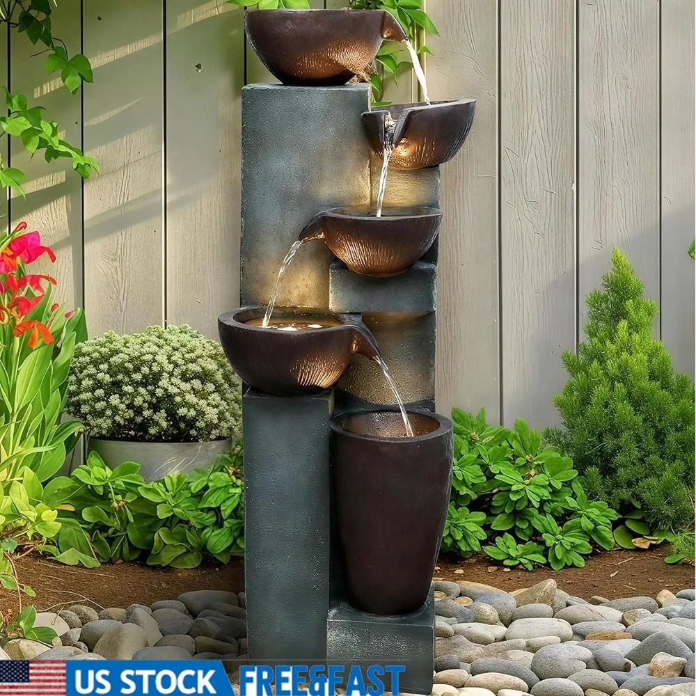 

Modern 5-Tier Outdoor Fountain with LED Lights Resin Water Feature Garden Patio Indoor Decoration Easy Setup