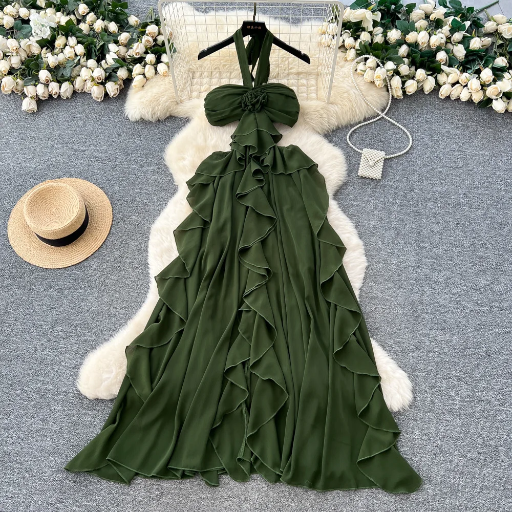 Women Ruffles Dresses A Line Solid Dress 3D Flower Strapless Ankle Lenth Waist Cutout Slim Fit Party Sexy Elegant 2025 Summer