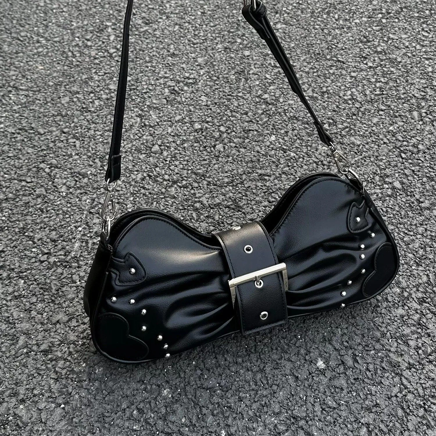 

American Retro Y2k Harajuku Style Black Cool Bow PU Leather Rivets Shoulder Bag Storage Bag Handbag Purses Women Bags