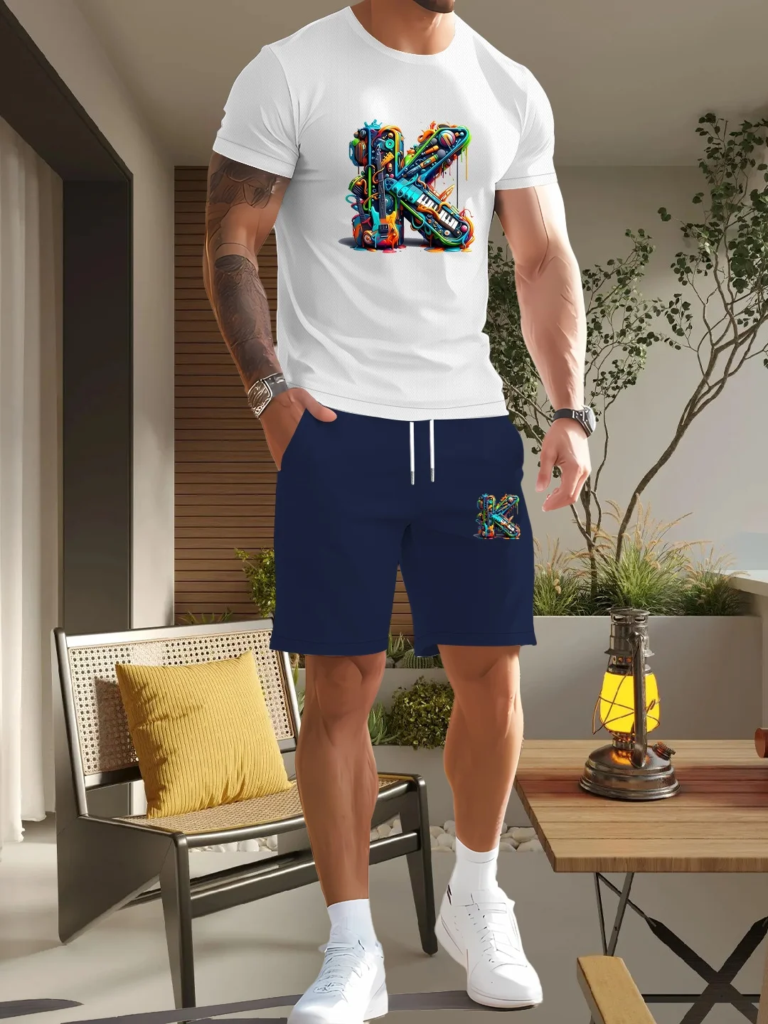 

Men's fashionable casual sports suit - breathable round-neck T-shirt and drawstring shorts with pockets