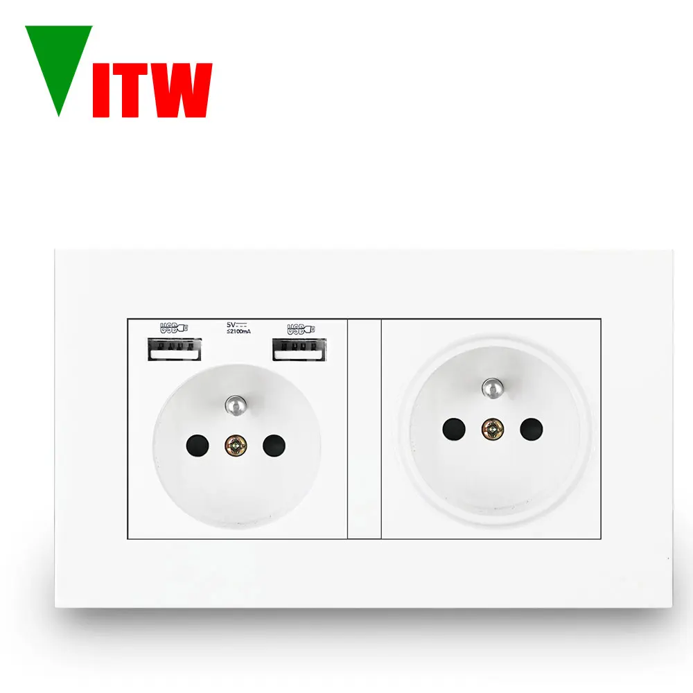 

Vitw French standard 16A dual socket, wall mounted USB charging port, 146mm * 86mm white panel, EU universal power socket