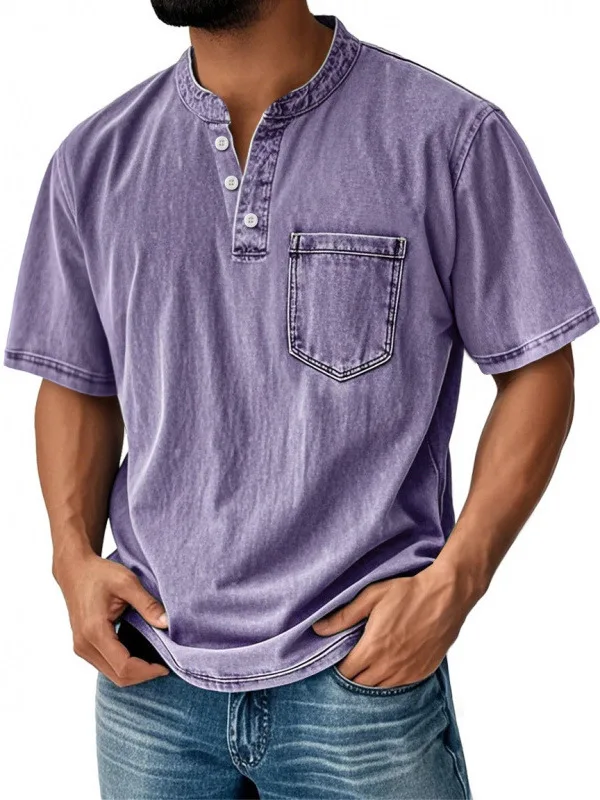 Men's Cotton-Like Short Sleeve T-Shirt Button-Up Cuban Style Casual Top Breathable Sweat-Wicking  Henry Collar Design