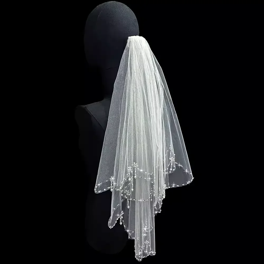 New bridal veil hand-sewn pearl beaded wedding headgear double layer with hair comb veil image 3