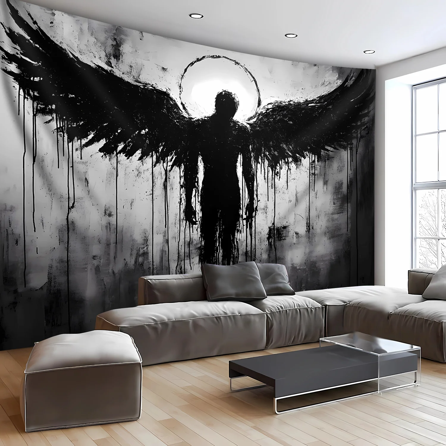 VIKAMA Black White Fallen Angel Tapestry Ink Splash Wing Wall Hanging Dark Gothic Aesthetic Backdrop for Bedroom Room Wall Decor