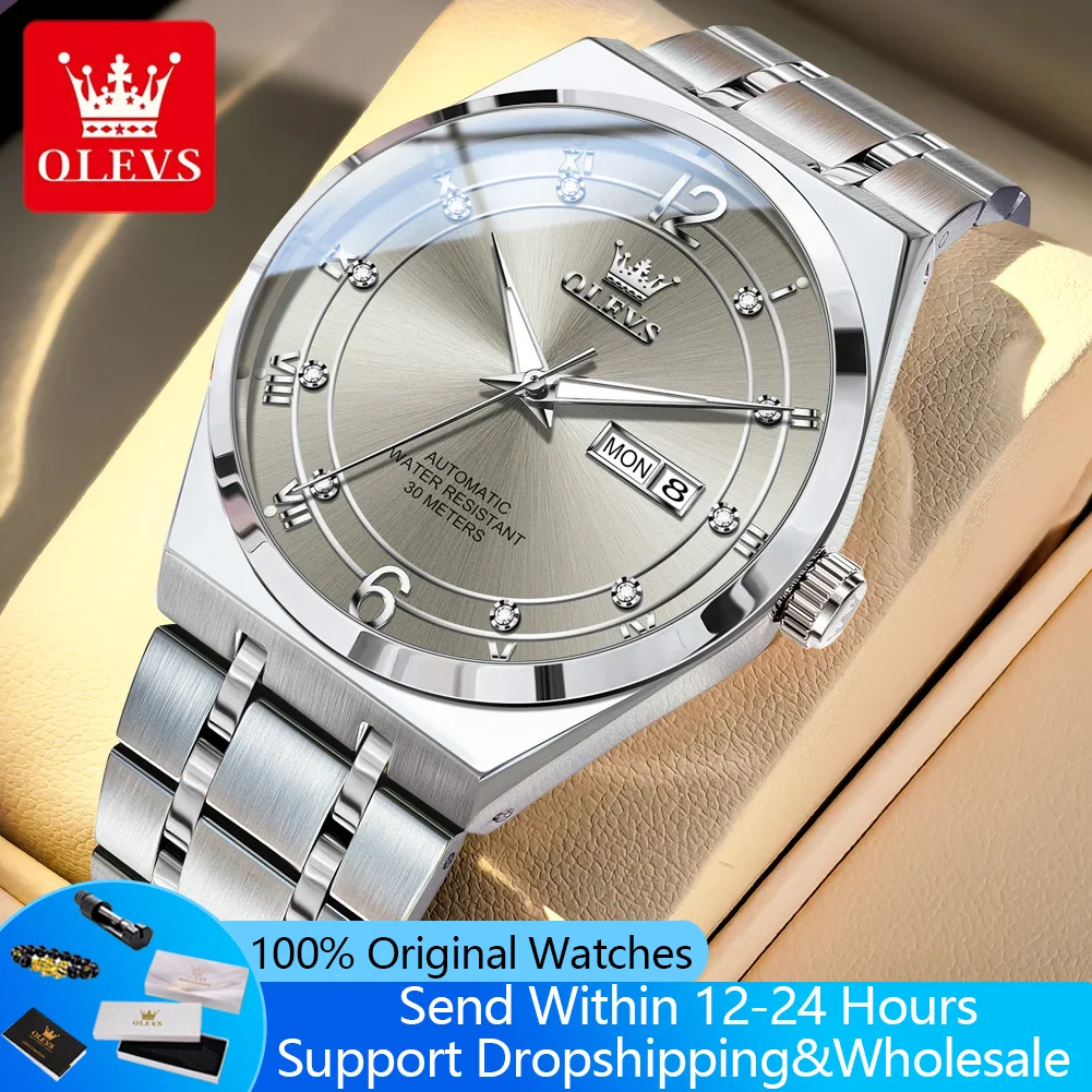 

OLEVS 7068 Автоматические часы для мужчин с двойным календарем, деловые механические наручные часы из нержавеющей стали, водонепроницаемые модные мужские часы