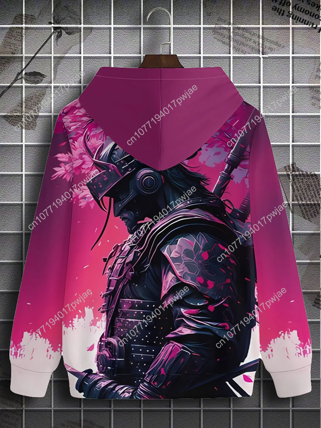 Elegante felpa con cappuccio da uomo con stampa 3D Samurai e fiori di ciliegio con tasca a marsupio - Pullover casual per la primavera e l'autunno, lavabile in lavatrice