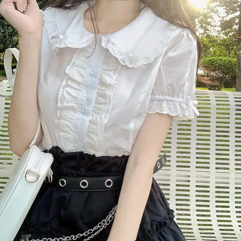 Kawaii Lolita Blouses White Women Cute Lace Tops Ruffle Shirts Vintage Puff Sleeve Japanese Preppy Style Sweet Tops