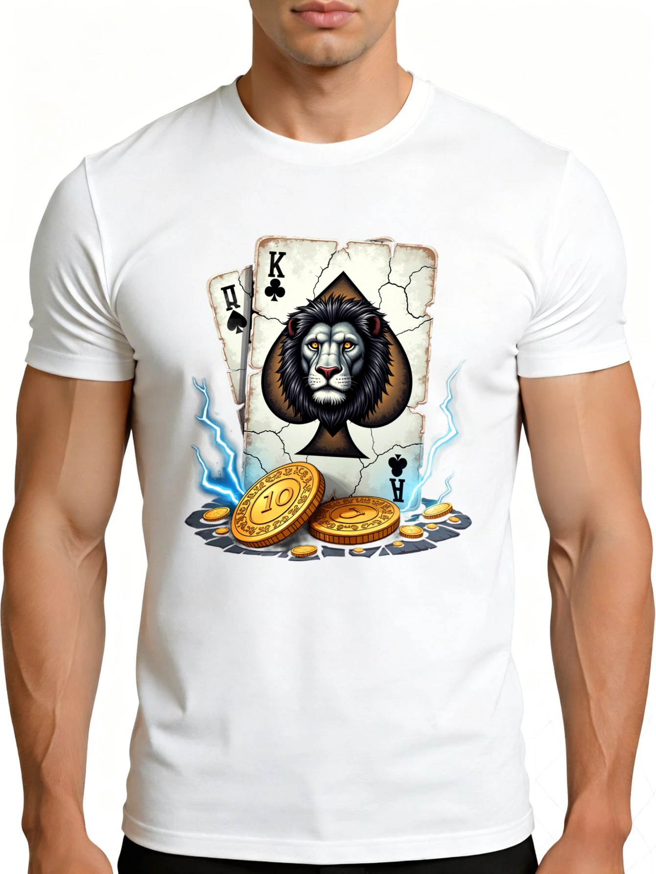 Casual Style Men's T-Shirt with Lion, Black Spade King, Playing Cards, and Gold Coin Design. Summer Wear. Gift for Gamers and Card Enthusiasts