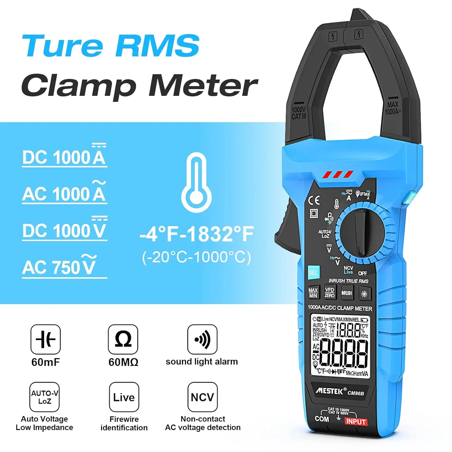 Digital Clamp Meter Multimeter Tester 1000A Incrush Current Volt Amp Meter, TRMS 6000 Counts Voltage Tester with Flashlight, Mea