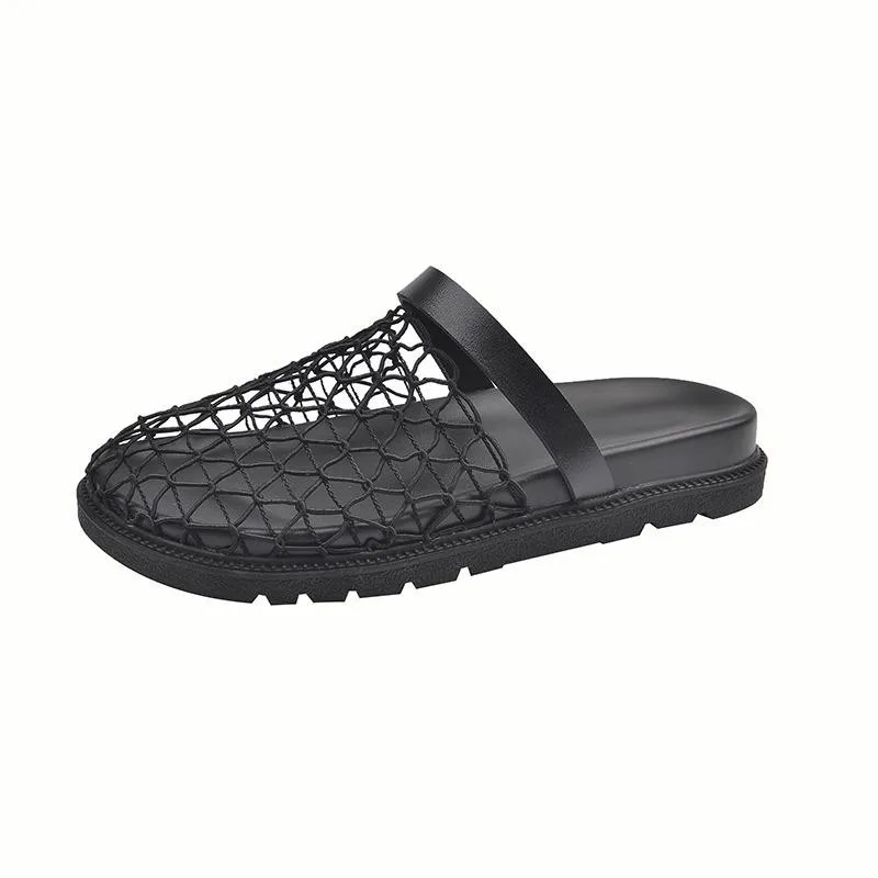 Summer Black Mesh Mule Sandals Women Breathable Fishnet Clogs Flat Slide Slippers Hollow Out Round Toe Net Casual Beach Shoes