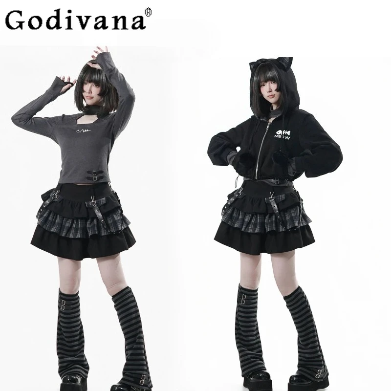 

Women's Matching Sets Y2k Clothes College-style Sweet Cool Girl's Hooded Short Jacket Long-sleeved Top Skirt Leg Warmers Set
