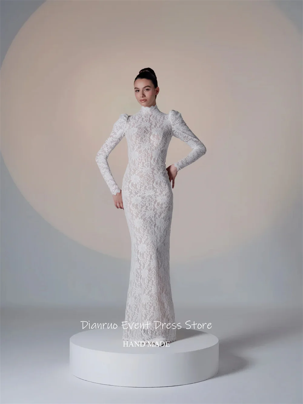 Dianruo – Robe De soirée en dentelle, fente haute, épaules bouffantes, avec des Appliques, moulante, manches longues, personnalisée