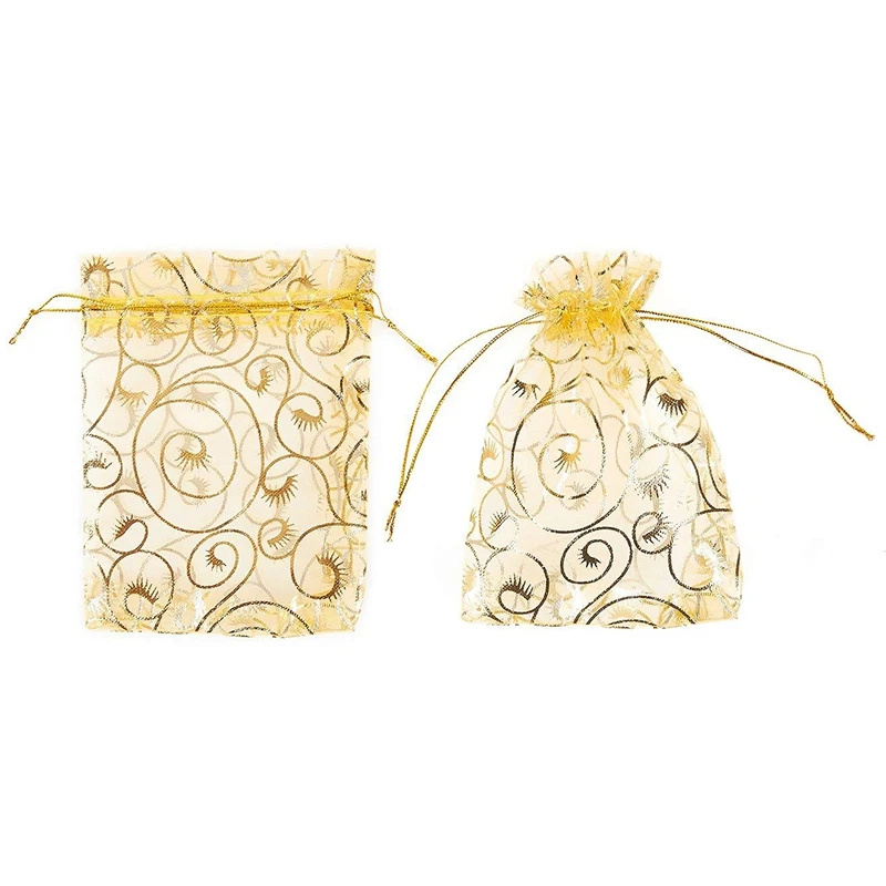 A78I 100Pcs 10X15cm Eyelash Printed Gold Organza Bags Jewelry Pouch Bags Organza Drawstring Pouches for Wedding Favors Candy Gif