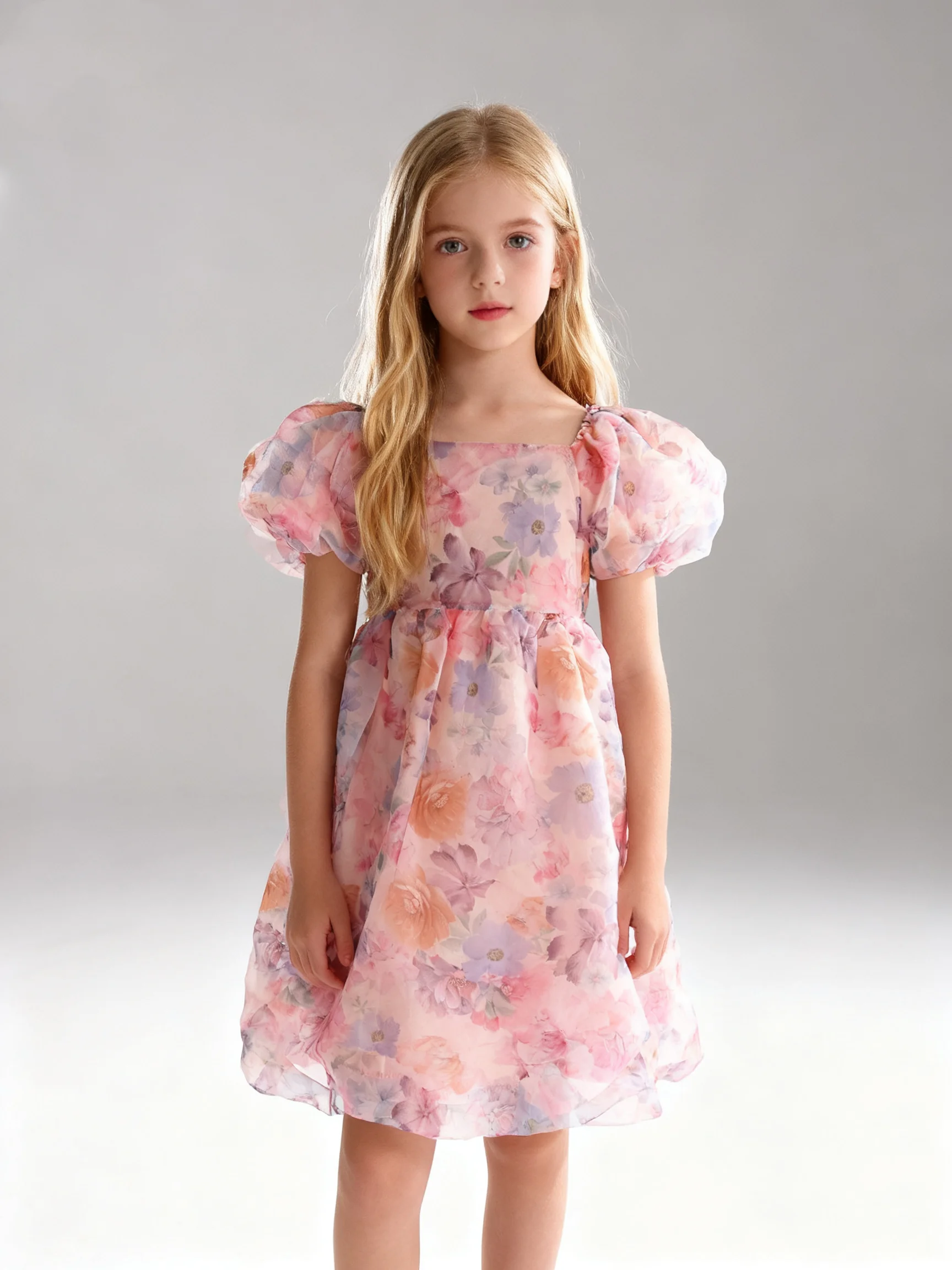 Sommer Neue Mädchen Blase Hülse Bunte Blume Gedruckt Prinzessin Kleid Nette Mode Kleid
