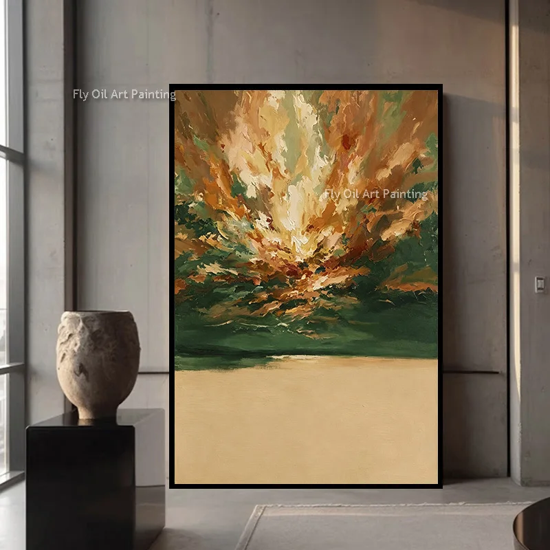 Special Wall Art Brown Green Original Oil Painting On  Canvas Handmade New Original Design Light Green Beige Thick Artwork For D