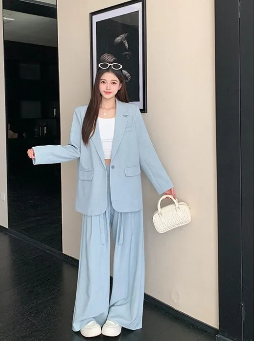 

Женский повседневный костюм больших размеров в корейском стиле: пиджак и брюки с высокой талией, весна-лето, новинка, комплект из двух предметов