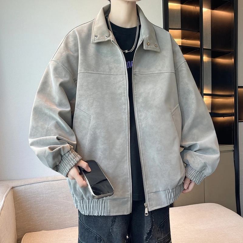 

Весенние модные трендовые мужские куртки из искусственной кожи, удобная свободная универсальная верхняя одежда, качественные пальто с отложным воротником, новинка 2026, новинка