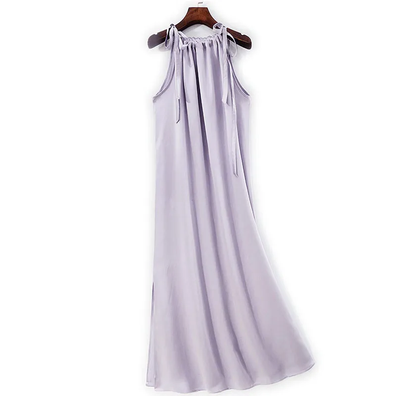 BirdTree-Silk Elegant Vest Dress, Halter Sleeveless Lace-up, Women Fashion Sexy Commute Solid Dresses, 2025 Autumn D5O895CC
