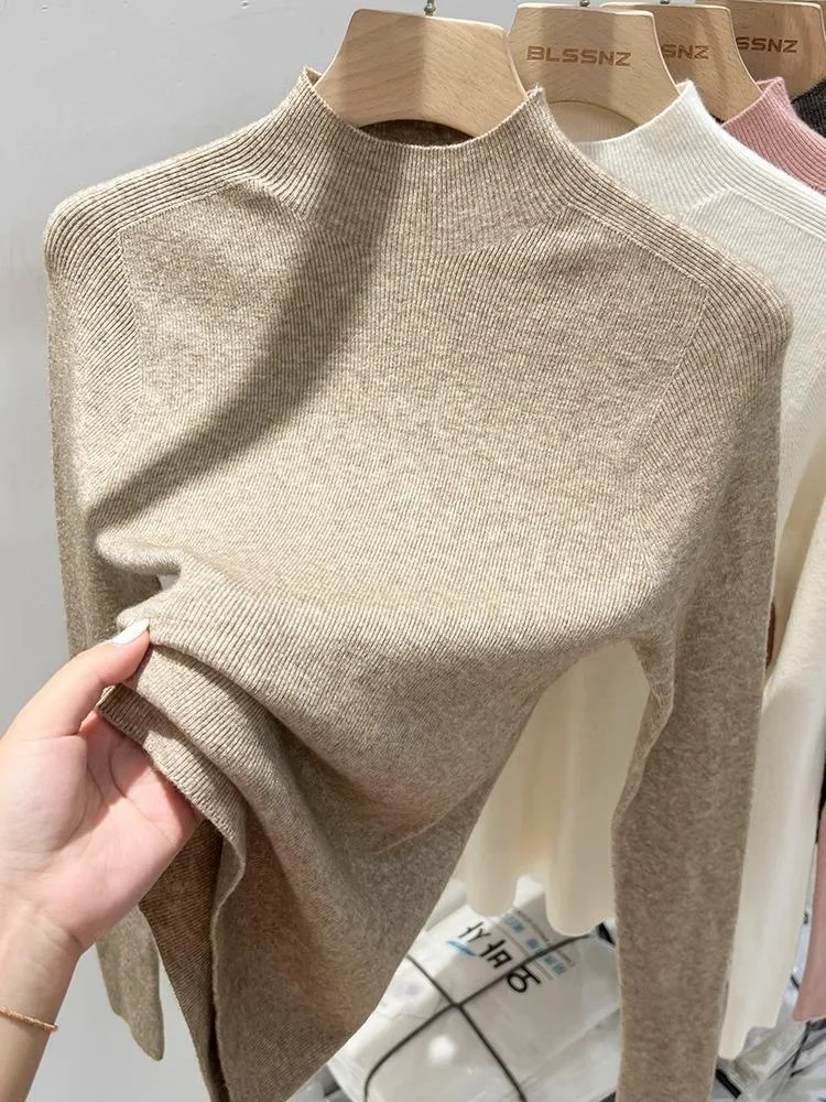 Suéter de Punto de Lana Suave para Mujer, Otoño Invierno, Cuello Medio Alto, Color Blanco, Ropa Interior, Ajuste Entallado, C...