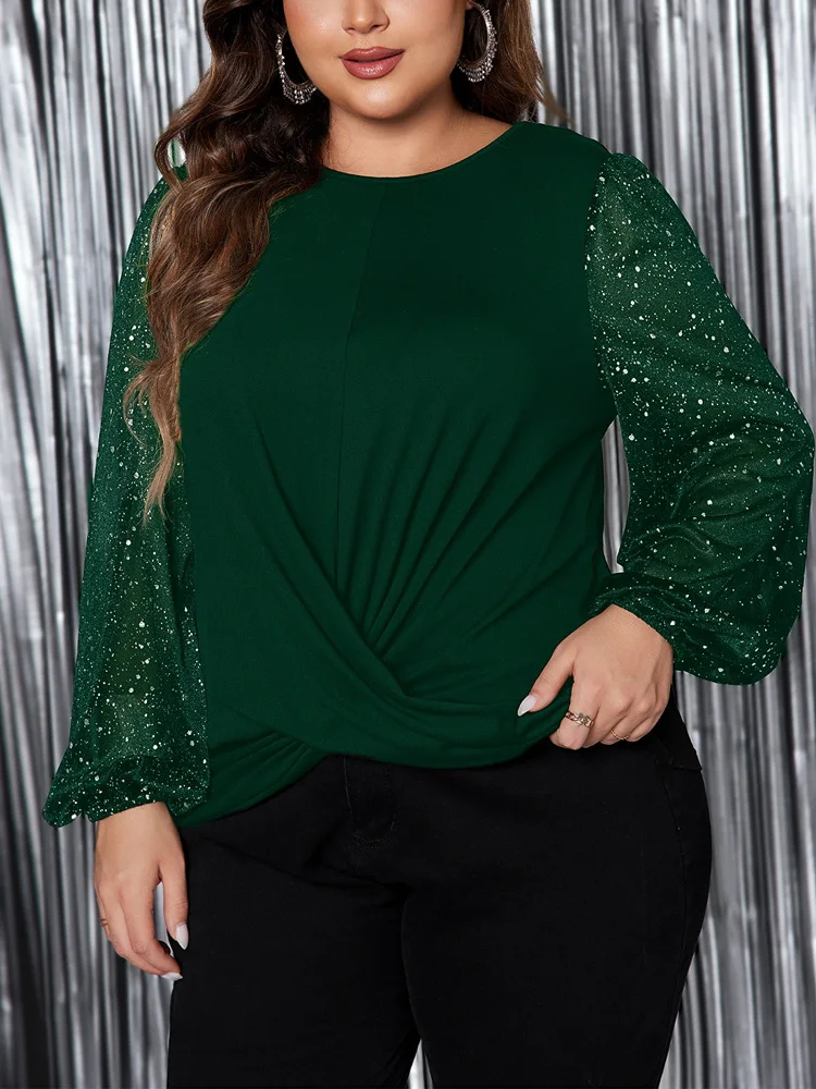 GIBSIE Plus Size Elegant Lantern Sleeve Solid Blouse Women 2024 Autumn New Green Black Round Neck Loose Women\'s Shirt Blouses