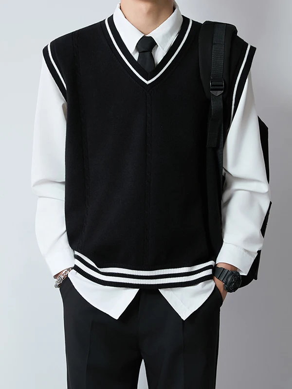 

Мужской вязаный жилет свободного кроя с V-образным вырезом, утолщенный, повседневный, для весны и осени, модный, для многослойных образов, в студенческом стиле