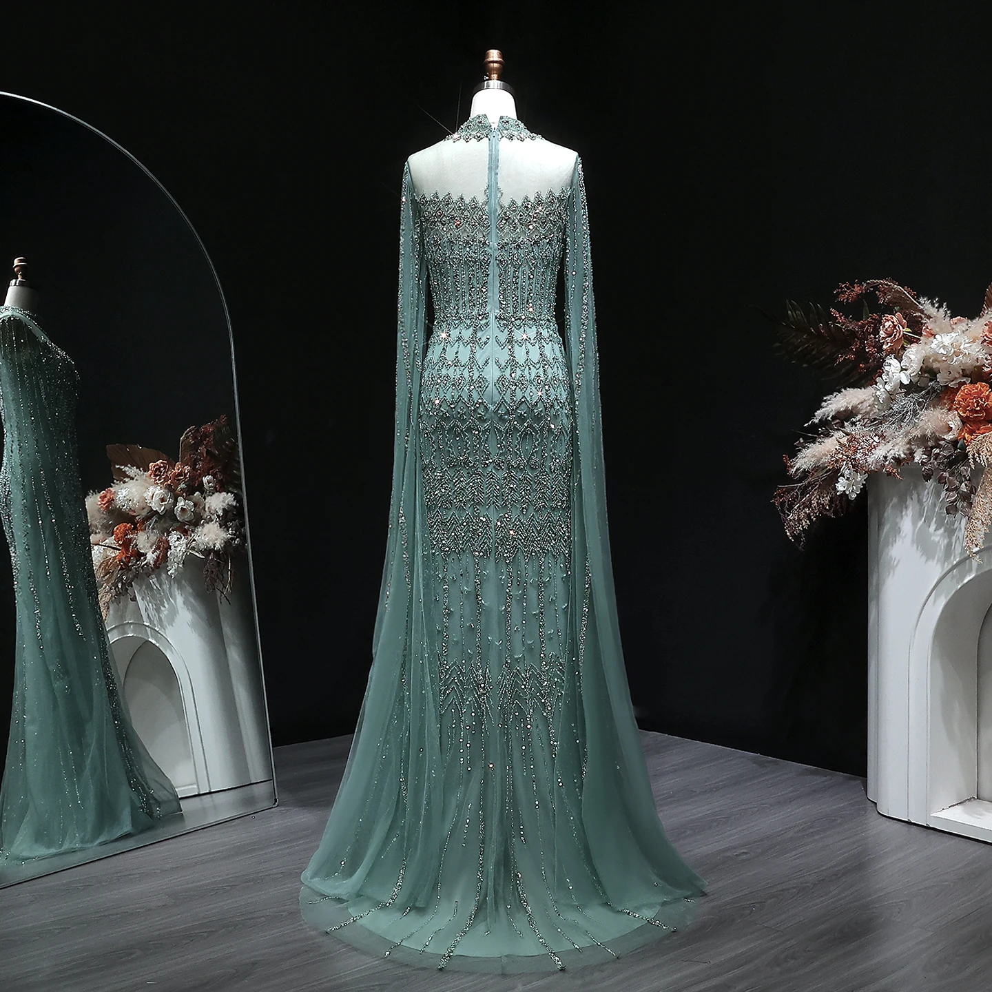 Sharon Said Luxuriöses Blaues Tüll-Abendkleid mit Cape-Ärmeln, Kristall-Pailletten, Damen-Hochzeitskleid, Partykleid, Ballkleid SS150, Maßanfertigung – Detail 22