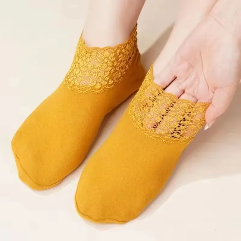 Women Low Lace Tube Thermal Socks Vintage Cute Thick Plus Velvet Warm Home Floor Socks Autumn Winter Anti-slip Sock Slippers