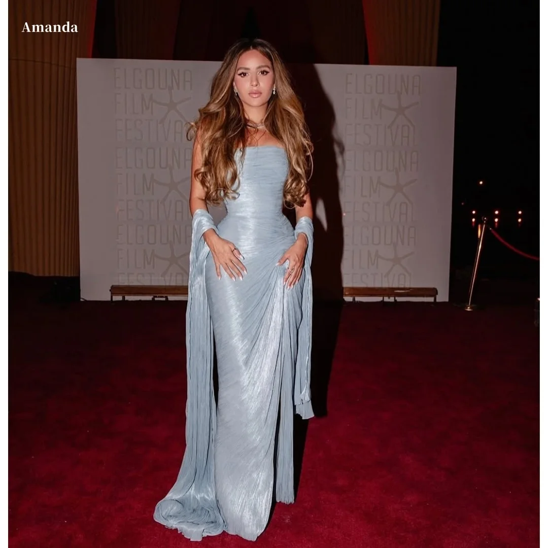 

Amanda Customized Light Blue Strapless Pleated Shimmer Mermaid Prom Dress with Draped Sleeves Formal Evening vestidos de noche