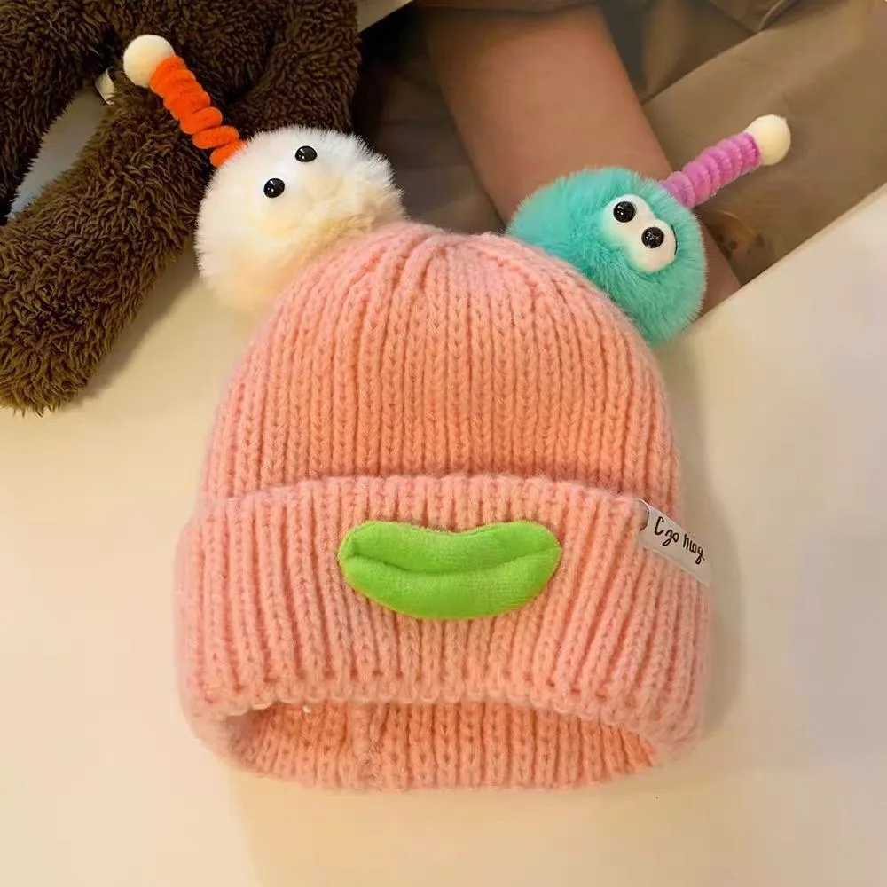 

Versatile Korean Style Sausage Mouth Beanie Soft Candy Color Cartoon Knitting Hat Keep Warm Funny Winter Warm Cap Women