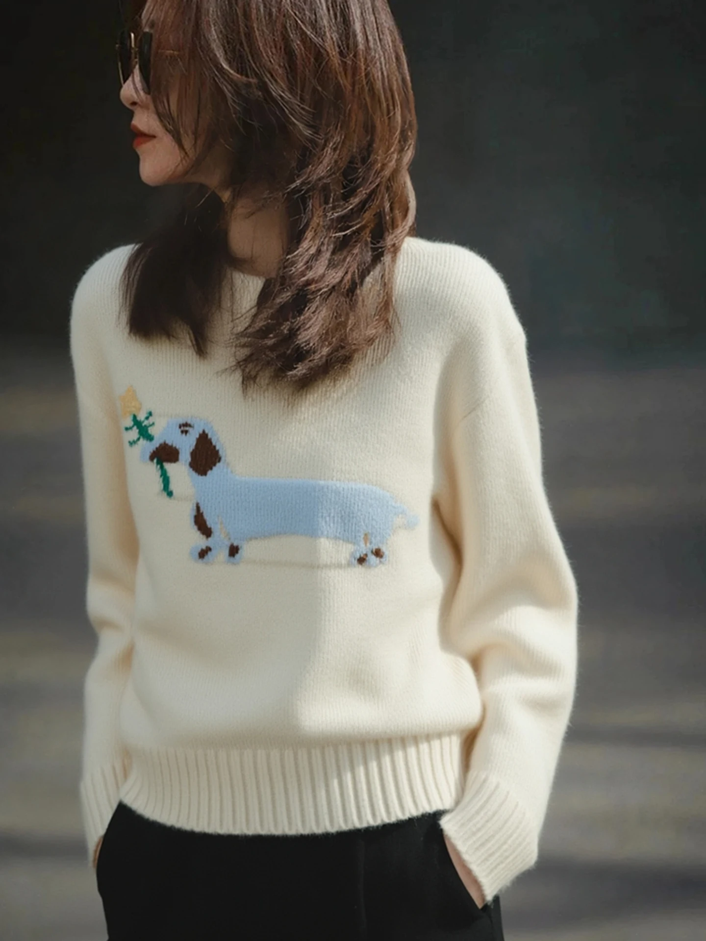 

Женский свитер Lazy Sle Sausage Dog Intarsia Knitwear с круглым вырезом, приталенный, теплый, зимний, с длинными рукавами, в корейском стиле, свободного кроя