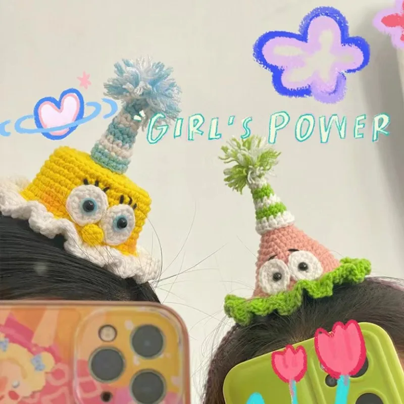 

Kawaii SpongeBob SquarePants Handmade Hook Weaving Hat Cute Cartoon Festival Birthday Hat Girl Anime Gift Christmas Toy