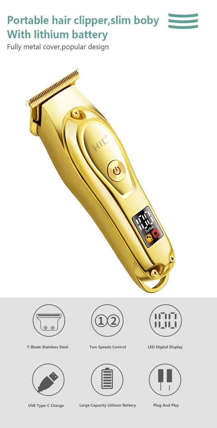 Htc At-176 Golden Color Blade New Patent Design Total Metal Cover With Led Display Lithium Battery T-Blade Hair Clipper