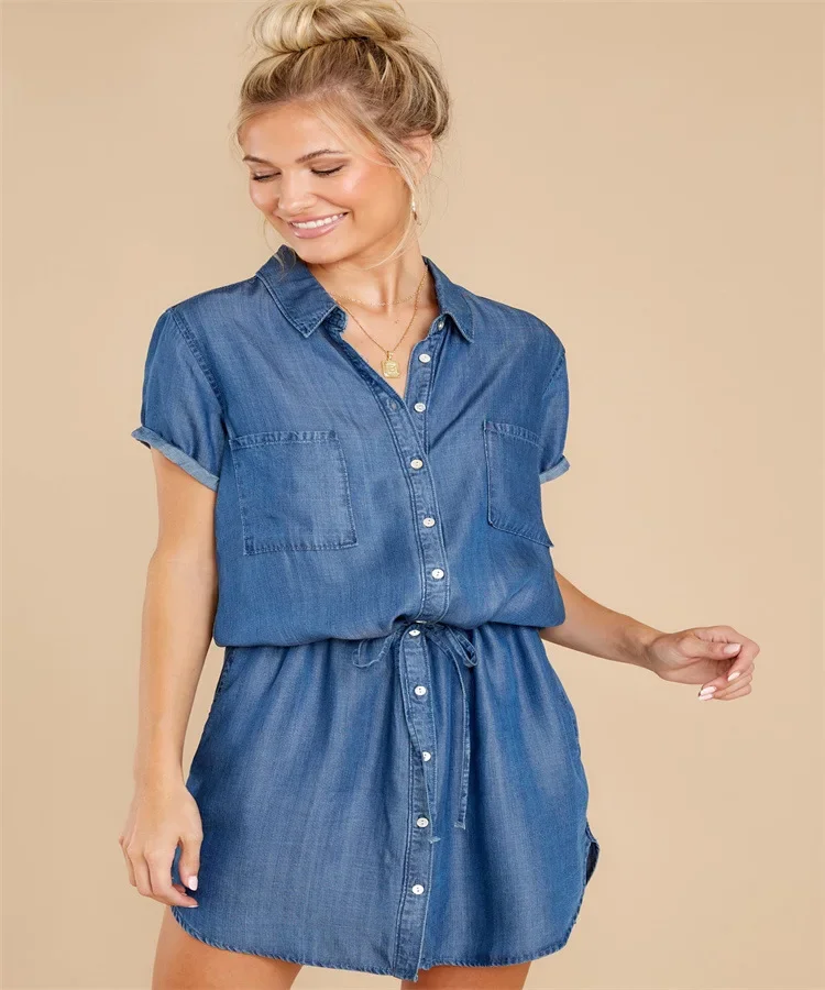 قمصان جينز نسائية عصرية أمريكية جديدة بلون سادة وأزرق داكن وأكمام قصيرة سترات نسائية عصرية غير رسمية تنورة ملابس الشارع الشهير