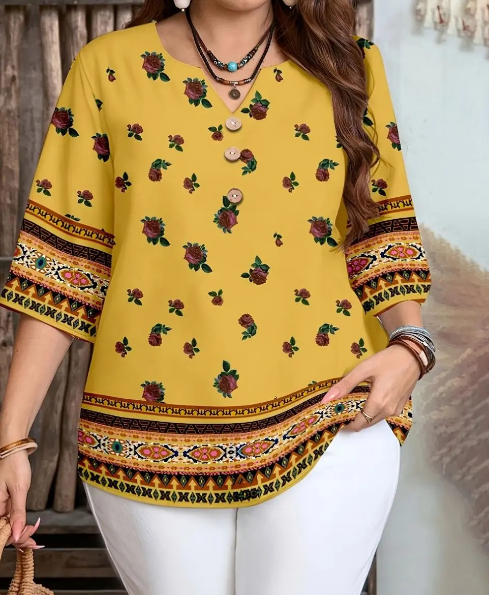 Notch V Neck Printed Blouses Leopard Geometric Baroque Ethnic Floral Fruit Solid Loose 3/4 Sleeve Casual Tops For Women