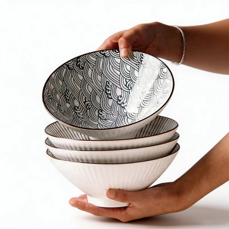 2-4Pcs Japanese Ramen Bowl 8-Inch Conical Ceramic Underglaze-Color Finish Durable Microwave Safe Kitchen Tableware