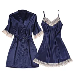 2-Piece Women Sexy Garter Lingerie Set Robes Lace Splicing Deep V-Neck Nightgown Elegant Fashion Solid Color Retro House Cloth