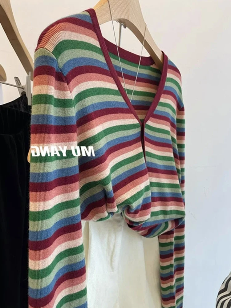 Korean Sle V-Ne Stripe Design Knitted Open Cardigan Slimming Long Sve Casual Age-Defng Women's Faion Top