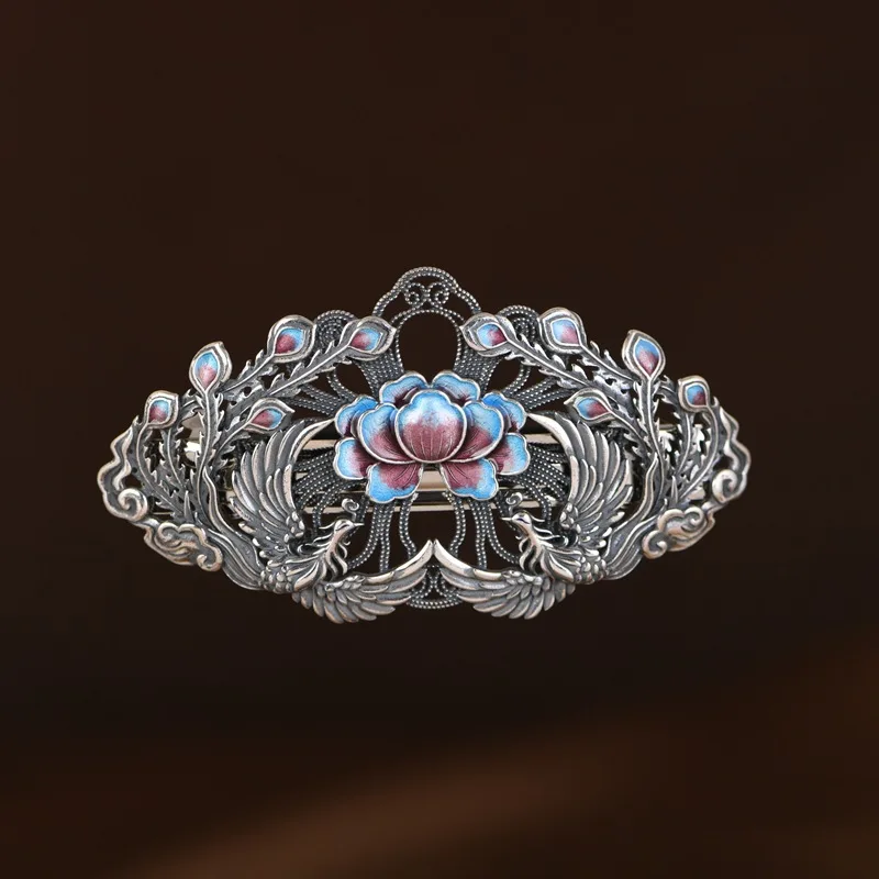 

China Chic Myth Animal 925 Silver Phoenix Hairpins for Women Enamel Blue Peony Flower Steel Hair Clips Unusual Peacock Hairwear