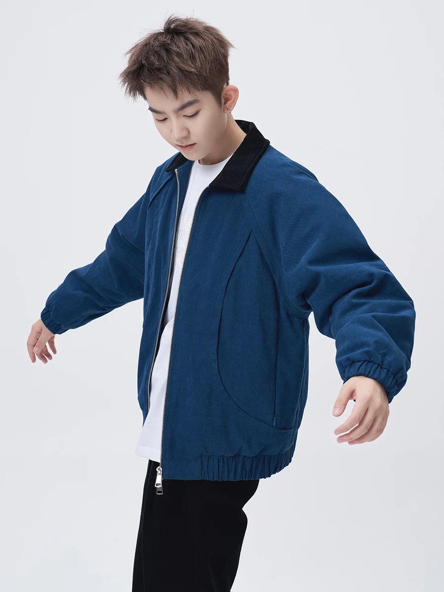 

Indigo Miu Color Blo Collar Corduroy Jaet Double Zipper Workwear Coat Street Sle Loose Fit Long Sve Thiened Cotton...