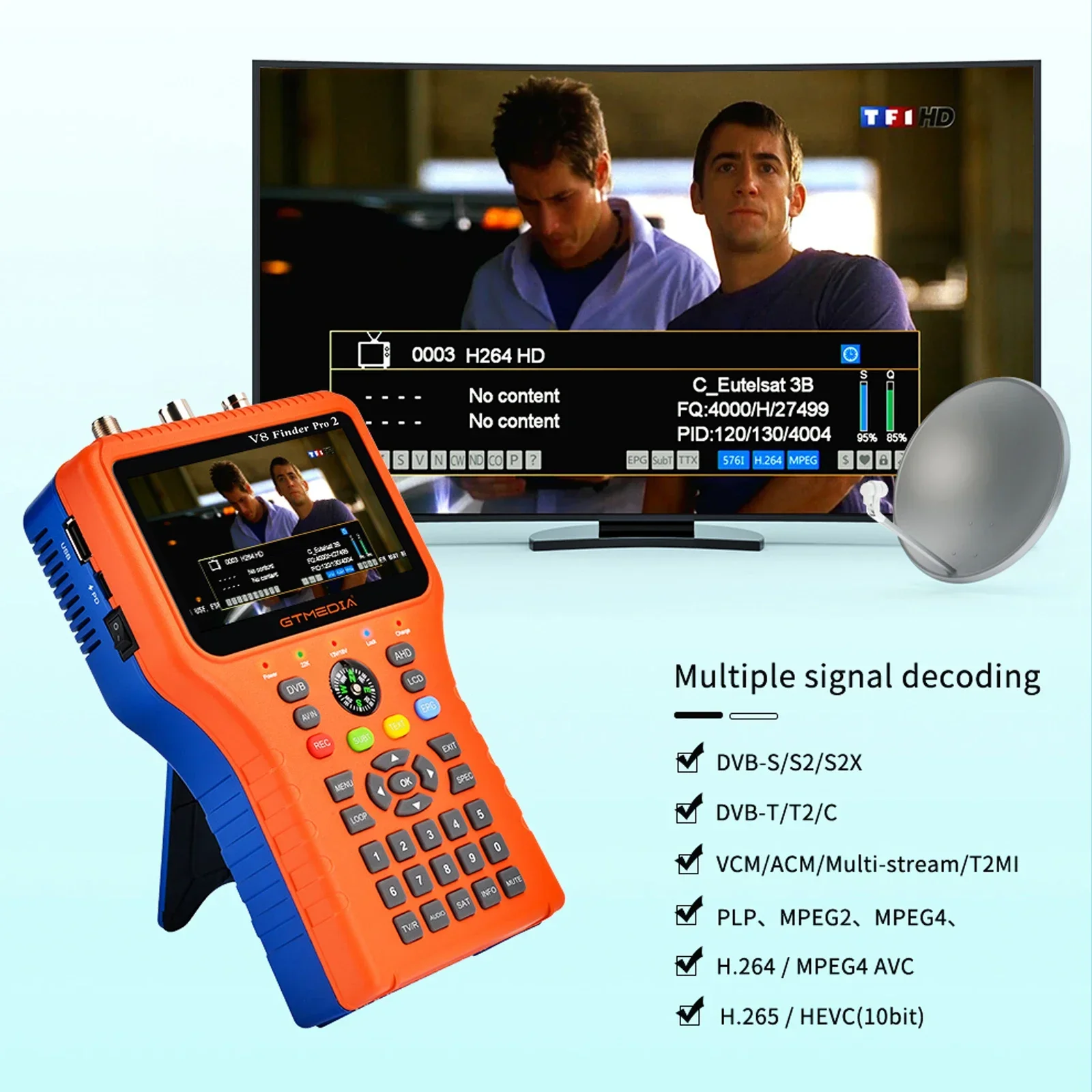 V8 Finder Pro 2 TV Signal Finder Meter DVB-S/S2/S2X/T/T2/C Signal Receiver 4.3-inch LCD Dispaly H.265 Auto Calculate Angle