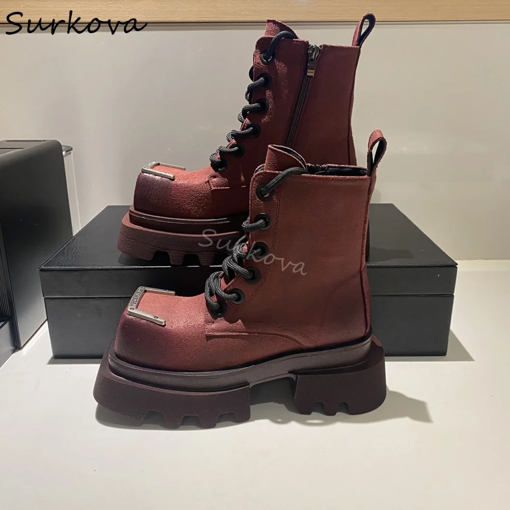 

Metal Decoration Square Toe Motorcycle Boots Women Platform Cross Strap Side Zipper Rubbed Color Mid Calf Boots Retro Heavy Boot