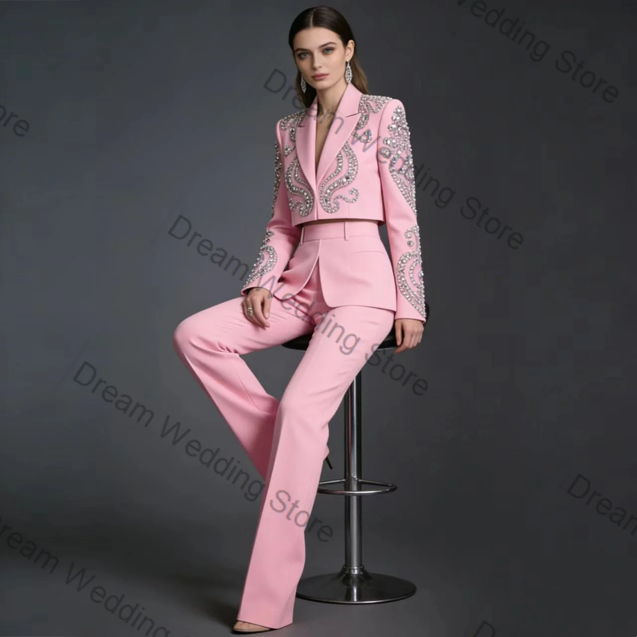 

Pink Women Suit Set 2 Pcs Short Blazer+Pants Crystals Spring Formal Office Lady Jacket Customized Wedding Guest Coat