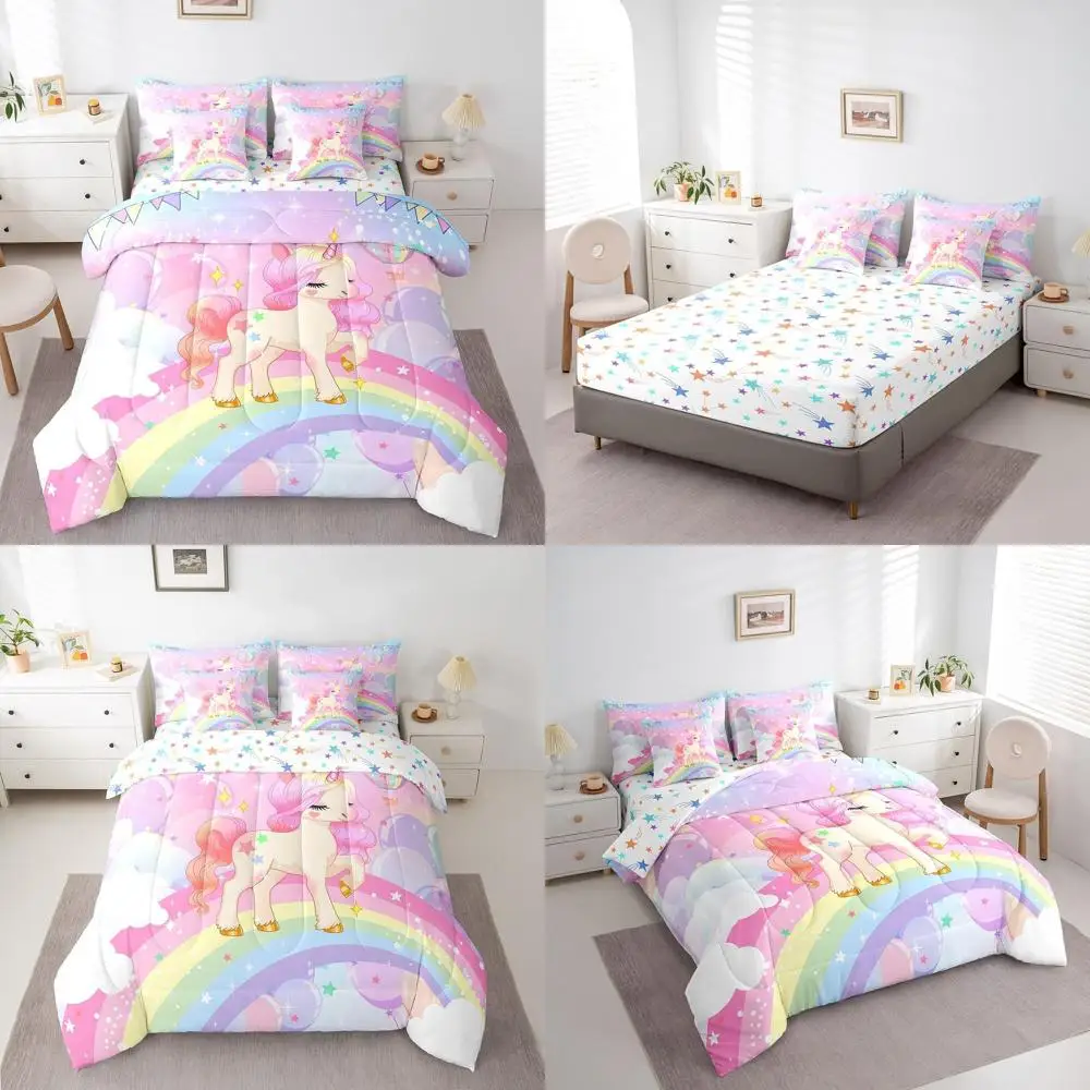 

Twin Size Rainbow Unicorn Bedding Set for Kids & Adults: 7-Piece Pink Comforter with Star Sheets, All-Season Decor