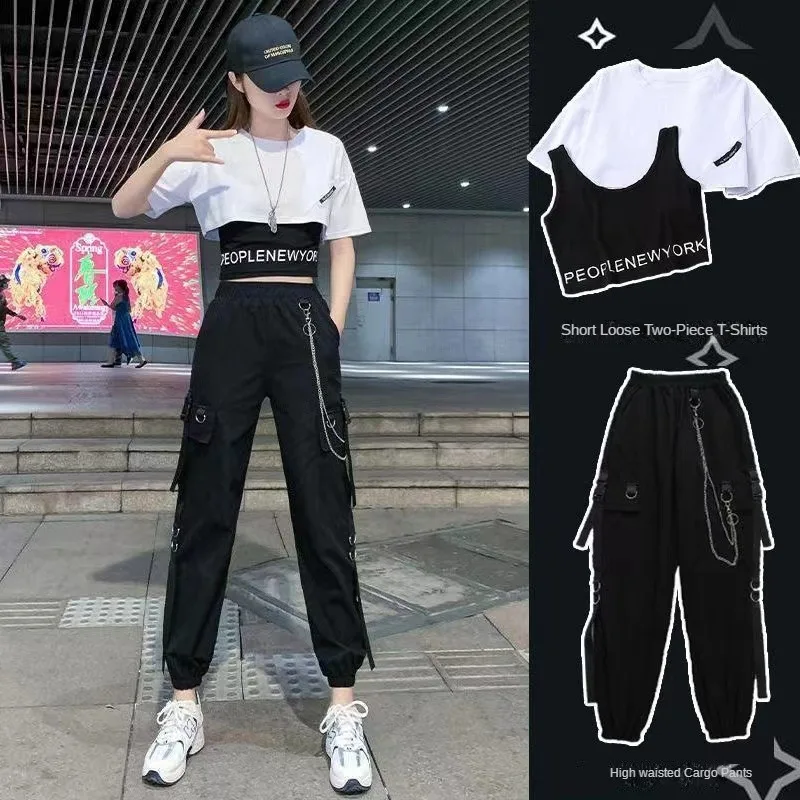 Women\'s Two Piece Sets Korean Harajuku Female Suit Student Handsome Ribbon Cargo Pants + Loose 2 Piece Short Sleeve Shirts Tops